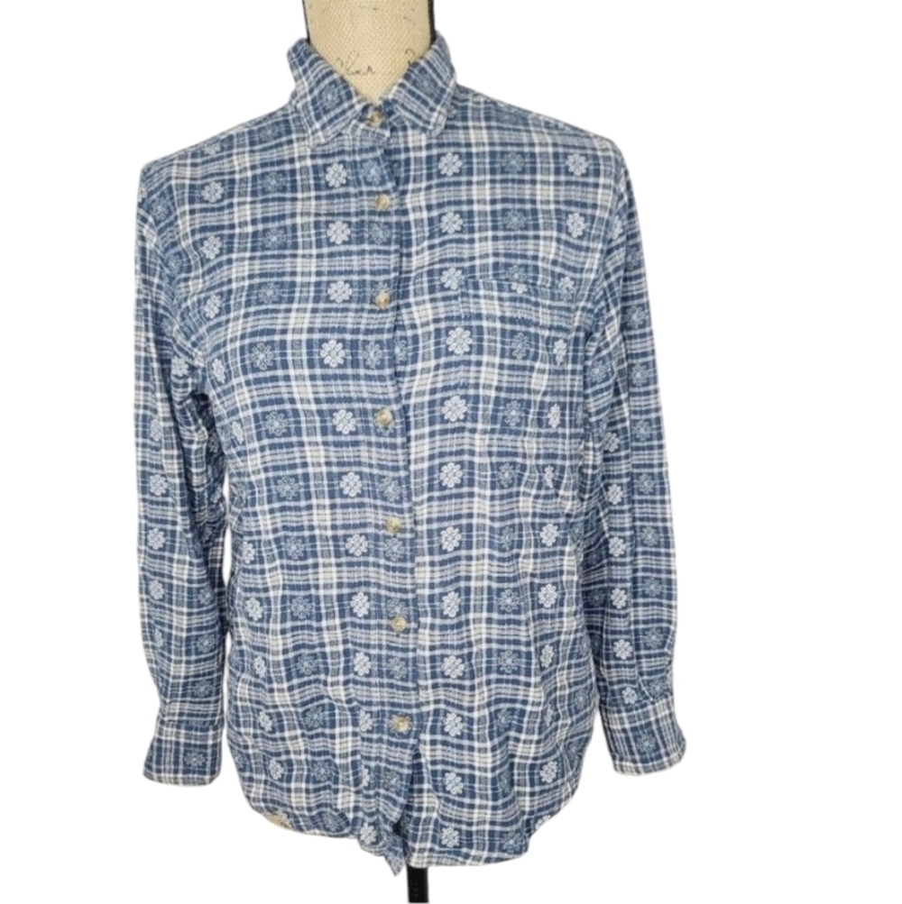 Vintage Blue Floral Flannel Long Sleeve Button Down Shirt